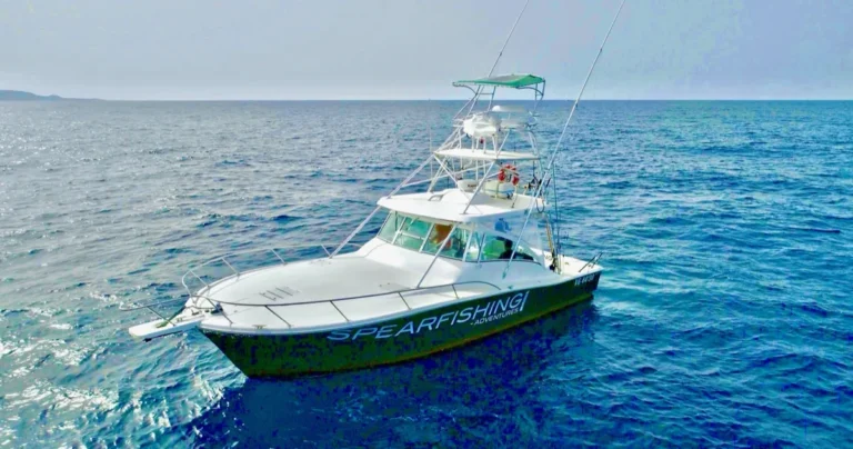 Barca da pesca d'altura vista dall'alto nel mare blu