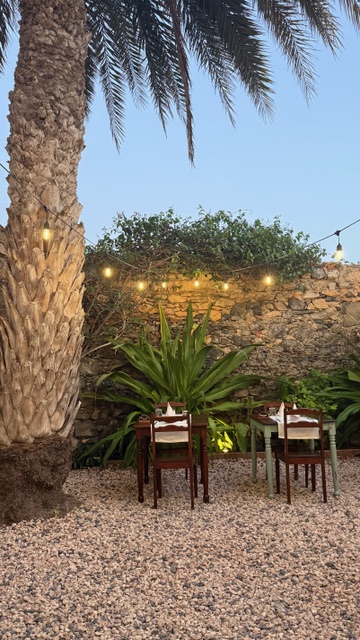 Tavolo per due sotto la palma nel giardino di Sodade