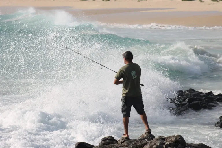 Pescatore sugli scogli che lancia fra le onde