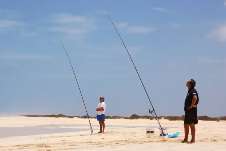 Due pescatori sulla spiaggia deserta con le canne da surf casting